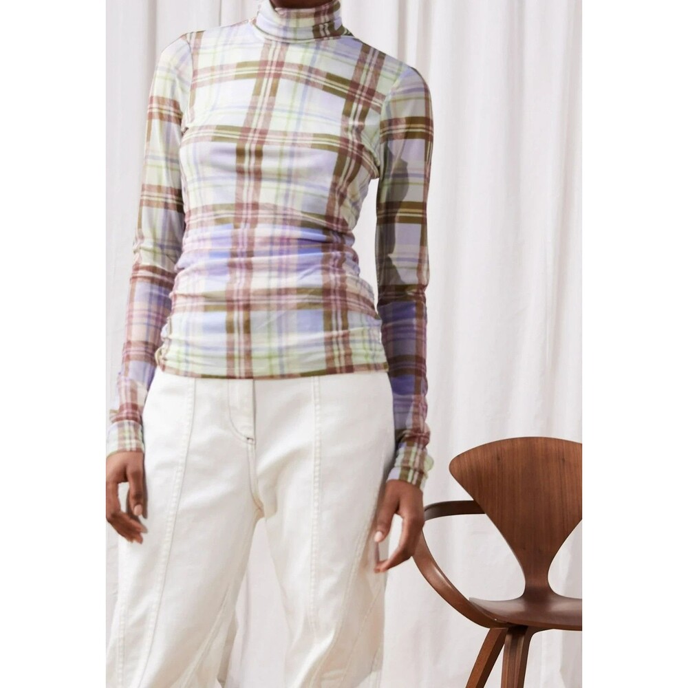 Cinq à Sept Plaid Sheer Mesh Turtleneck Top